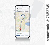 Smartphone Map App with GPS Navigation and Red Marker Pin Point on Screen. Vector Illustration of Map Application, City Navigation Maps, and Location Tracking.