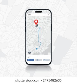 Smartphone Map App with GPS Navigation and Red Marker Pin Point on Screen. Vector Illustration of App Search on Line Maps Background