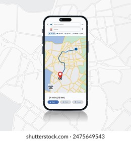 Smartphone Map App with GPS Navigation and Red Marker Pin Point on Screen. Vector Illustration of Map Application, City Navigation Maps, and Location Tracking.