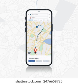 Smartphone Map App with GPS Navigation and Red Marker Pin Point on Screen. Vector Illustration of Map Application, City Navigation Maps, and Location Tracking.