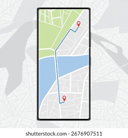 Smartphone map app with GPS navigation and red marker location pin point on screen and city map on background. Application for search on line maps, scheme of roads. Vector illustration