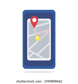 Smartphone map app with red and yellow dots on screen with white screen. Eps 10