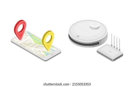 Smartphone map application and red pinpoint on screen, robotic vacuum cleaner isometric vector illustration