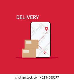 Smartphone with map and delivery track. Delivery app. Vector illustration