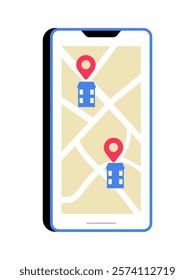 Smartphone With Map Display And Location Pins In Flat Vector Illustration Symbolizing Navigation, Directions, And Online Maps, Isolated On White Background.