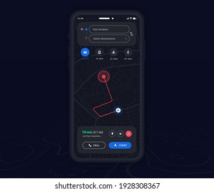 Smartphone map GPS navigation app dark mode ux ui concept, Mobile map application, App search map navigation, Technology map, City street navigation maps, gps tracking, App dark mode, Vector