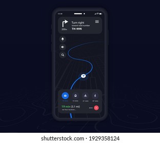 Smartphone map GPS navigation app dark mode ux ui concept, Mobile map application, App search map navigation, Technology map, City street navigation maps, gps tracking, App dark mode, Vector