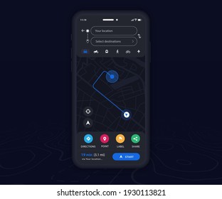 Smartphone map GPS navigation app dark mode ux ui concept, Mobile map application, App search map navigation, Technology map, City street navigation maps, gps tracking, App dark mode, Vector