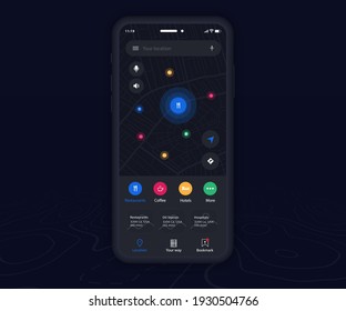 Smartphone map GPS navigation app dark mode ux ui concept, Mobile map application, App search map navigation, Technology map, City street navigation maps, gps tracking, App dark mode, Vector