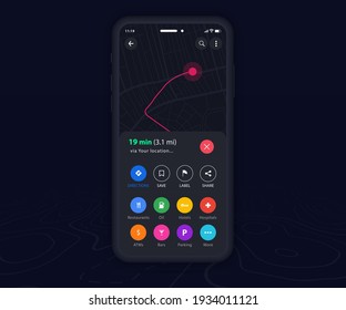 Smartphone map GPS navigation app dark mode ux ui concept, Mobile map application, App search map navigation, Technology map, City street navigation maps, gps tracking, App dark mode, Vector