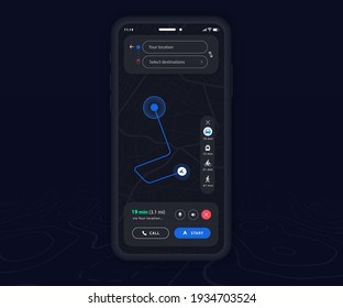 Mapa de Smartphone aplicación de navegación GPS modo oscuro ux ui concepto, aplicación de mapas móviles, navegación de mapas de búsqueda de aplicaciones, Mapa de tecnología, Mapas de navegación de la calle de la ciudad, seguimiento de gps, Modo oscuro de la aplicación, Vector