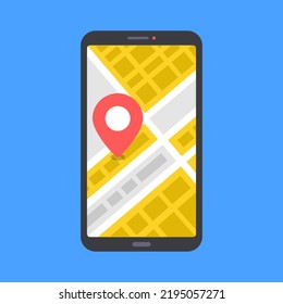 Smartphone and map. GPS navigation app. Mobile phone with map and map pointer. Vector illustration
