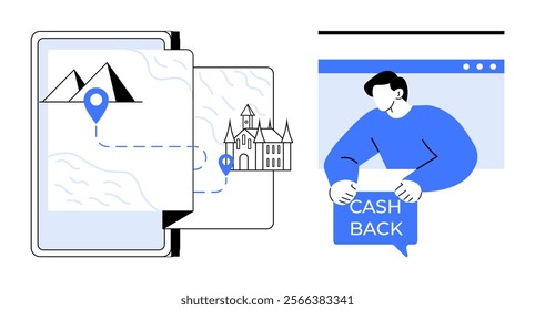 A smartphone with a map illustrating navigation from mountains to a castle alongside a person holding a cashback sign. Ideal for travel, navigation, technology, rewards, digital promotions. Style