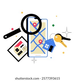 Smartphone With Map, Key, And House Icon In Flat Vector Illustration Symbolizing Real Estate Search, Property Selection, And Home Buying, Isolated On White Background.