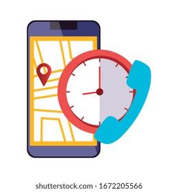 smartphone con aplicación de ubicación de mapas e iconos diseño de ilustración vectorial