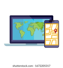 smartphone with map location app and laptop vector illustration design