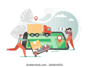 Teléfono inteligente con el pin de localización de mapas y coche de entrega en pantalla, personajes masculinos, trabajador y cliente con telescopio, ilustración de diseño de estilo plano vectorial. Entrega de pedidos, servicio de envío en línea.