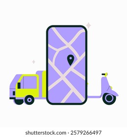 Smartphone With Map And Location Pin, Delivery Truck, And Scooter. Flat Vector Illustration Symbolizing Logistics, Transportation, And Online Delivery Services, Isolated On White Background