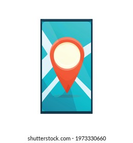 Smartphone with map and location pin on screen flat vector illustration