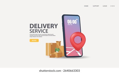 A smartphone with a map and location pin on the screen, surrounded by delivery boxes, representing a delivery service concept.