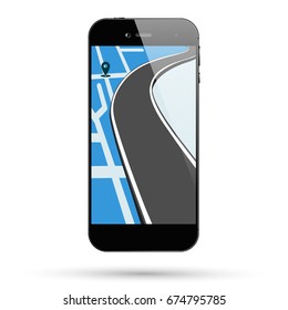Smartphone with map location. Smart phone screen with gps navigation, pin pointer and way road. Vector illustration.