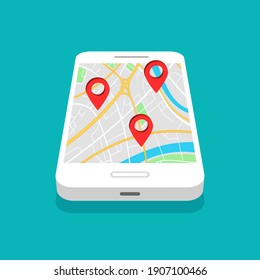 Smartphone with map navigation on a screen. GPS navigator with different pinpoints. Vector illustration.