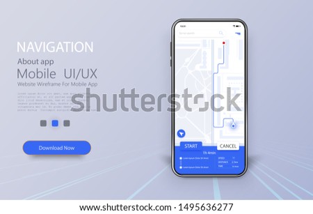 Smartphone with map and navigation pinpoint on screen. Online Mobile App UI, UX and GUI Screen. GPS navigation concept, Smartphone with city map. Vector illustration