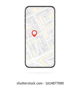 Smartphone With A Map On The Phone Screen And A Red GPS Dot, Isolated On A White Background. Vector Illustration Of Location Search.