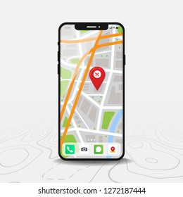Smartphone with map and red pinpoint on screen, isolated on line maps background.