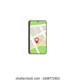 Smartphone with map and red pinpoint on screen, isolated on white background.