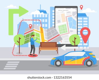  smartphone map route navigation, point marker, GPS navigation, destination arrow, travelling with car, flat illustration design