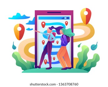  smartphone map route navigation, point marker, GPS navigation, destination arrow, travelling with car, train, plane flat illustration design