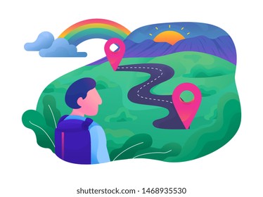 smartphone map route navigation, point marker, GPS navigation, destination arrow, flat illustration design