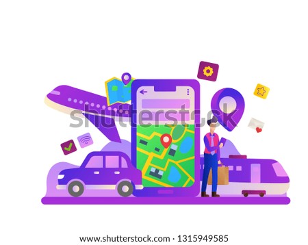  smartphone map route navigation, point marker, GPS navigation, destination arrow, travelling with car, train, plane flat illustration design