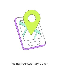 Smartphone with map vector illustration, map pins, GPS mobile application icon, navigator pin checking points for website, ui, app. Simple, flat design with outline.