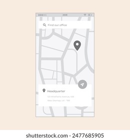 Smartphone bildet App-Bildschirm mit Locator-Pin ab. Vektorgrafik Mobile Wireframe Editierbares Design für Mobilgeräte, mit Beispieldaten und realen grafischen Benutzeroberflächen-Details, die für UX- und UI-Projekte bereit sind.