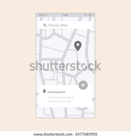 Smartphone maps app screen with locator pin. Vector mobile wireframe editable design for mobile, with sample data and real user interface graphic details ready for ux and ui projects.