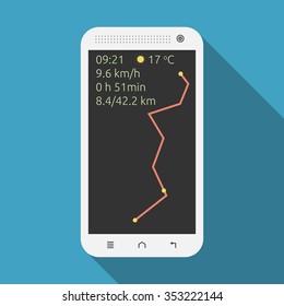 Smartphone with marathon distance and information on its display. Blue background with long drop shadow. Flat style. EPS 8 vector illustration, no transparency