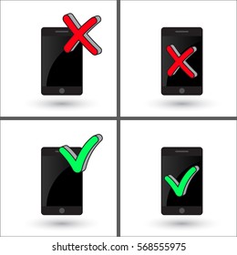 Smartphone with Mark X and V. Green hooks, red crosses, Color set. Flat style vector illustration, isolated. Yes No icons for websites or applications. Right Wrong on mobile phone
