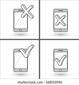 Smartphone with Mark X and V. Hooks, crosses. Black and white set. Flat style vector illustration, isolated. Yes No icons for websites or applications. Right Wrong on mobile phone