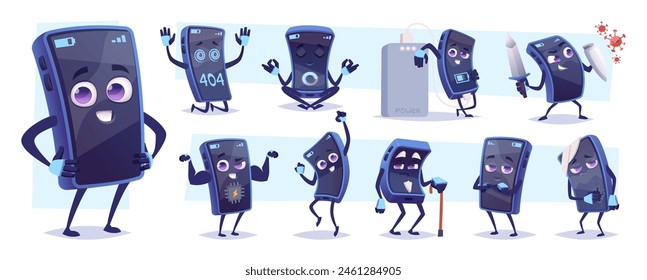 Smartphone mascot. Cartoon mobile phone with hands and emotional faces posing exact vector template character