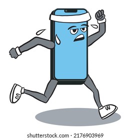 Smartphone mascot running. Vector Illustration of cell phone Character Walking Fast and Sweating. isolated on white background