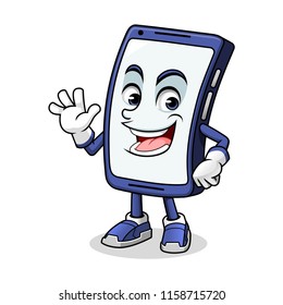 Smartphone mascot waving with his palm cartoon character design vector illustration