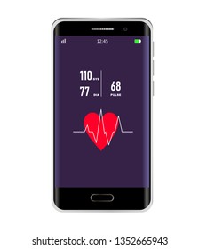 Smartphone with measurement of pulse and pressure. Realistic vector smartphone with health program