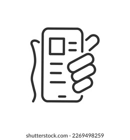 Smartphone mit Medieninhalten in der Hand, lineares Symbol. Linie mit bearbeitbarem Hub