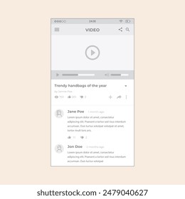 Smartphone media player screen with buttons, likes and comments. Vector mobile wireframe editable design for mobile, with sample data and real user interface graphic details ready for ux ui projects.