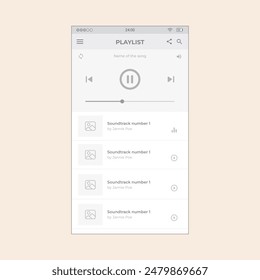 Smartphone media Playlist screen with soundtracks audios. Vector mobile wireframe editable design for mobile, with sample data and real user interface graphic details ready for ux ui projects.