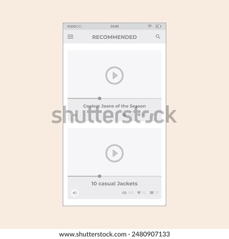 Smartphone media Playlist screen with video collections. Vector mobile wireframe editable design for mobile, with sample data and real user interface graphic details ready for ux ui projects.