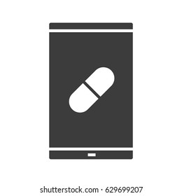 Smartphone medical app glyph icon. Silhouette symbol. Smart phone with pills. Mobile pharmacy store. Negative space. Vector isolated illustration