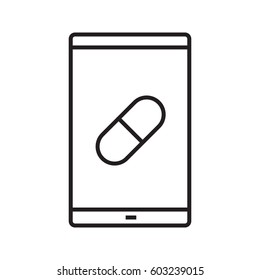 Smartphone medical app linear icon. Thin line illustration. Smart phone with pill. Mobile pharmacy store contour symbol. Vector isolated outline drawing